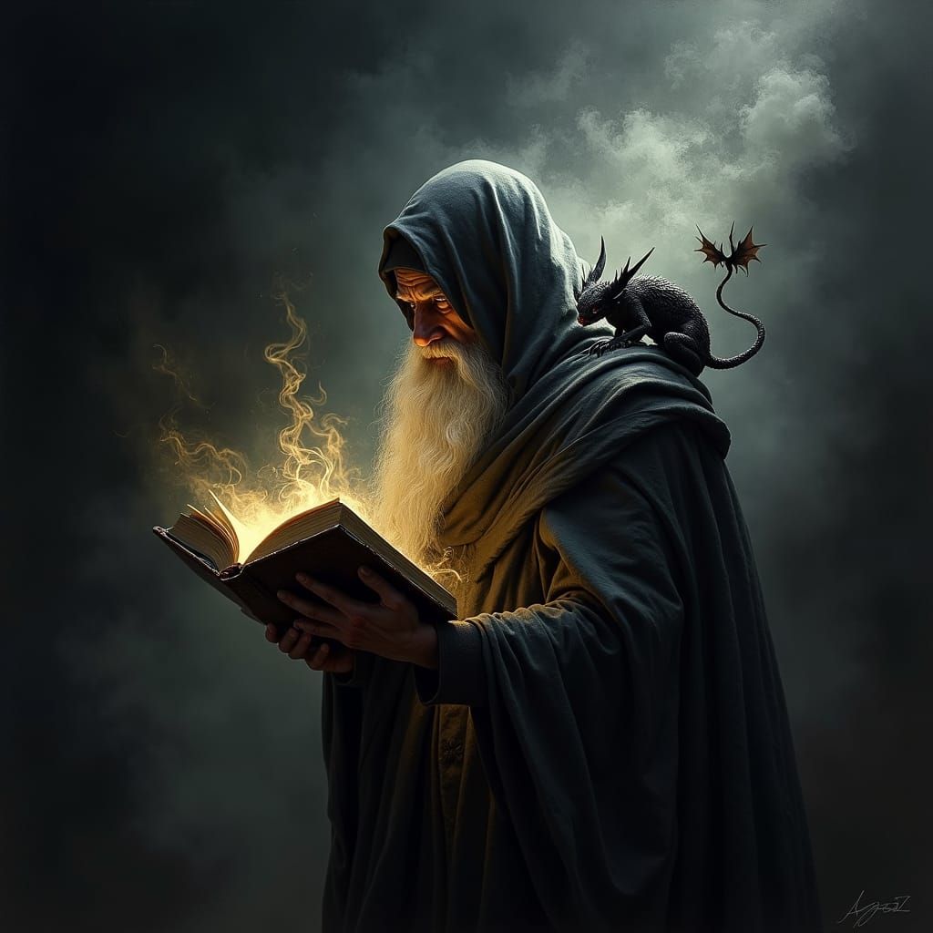Dark Wizard Reading with Demon, Fantasy Illustration