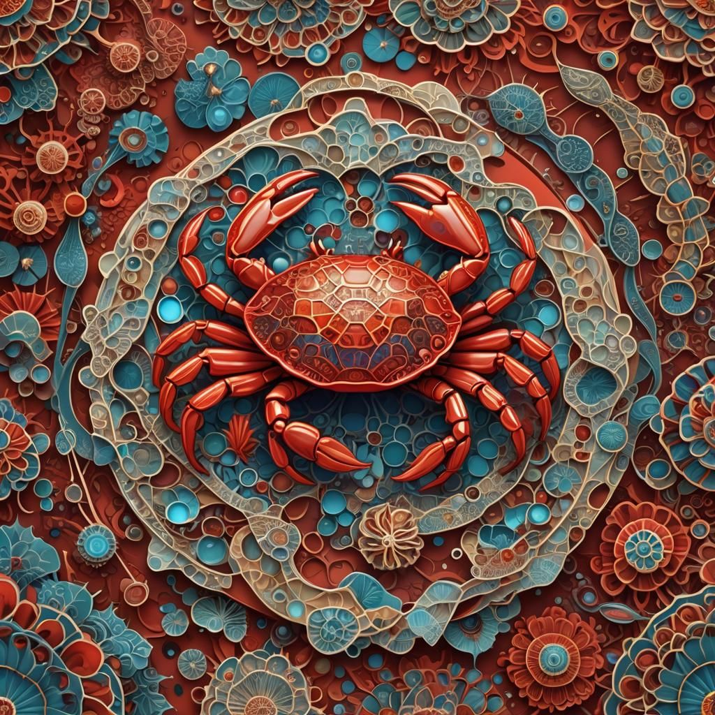 Red Crab's Psychedelic Mushroom Feast: Fractal Vector Art