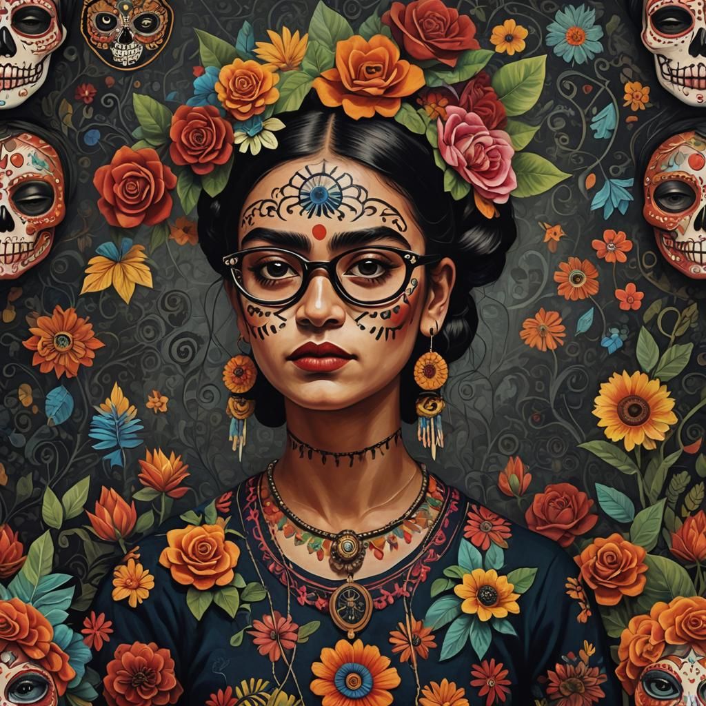 Catrina-Inspired Indian Woman in Latin American Folk Art Sty...