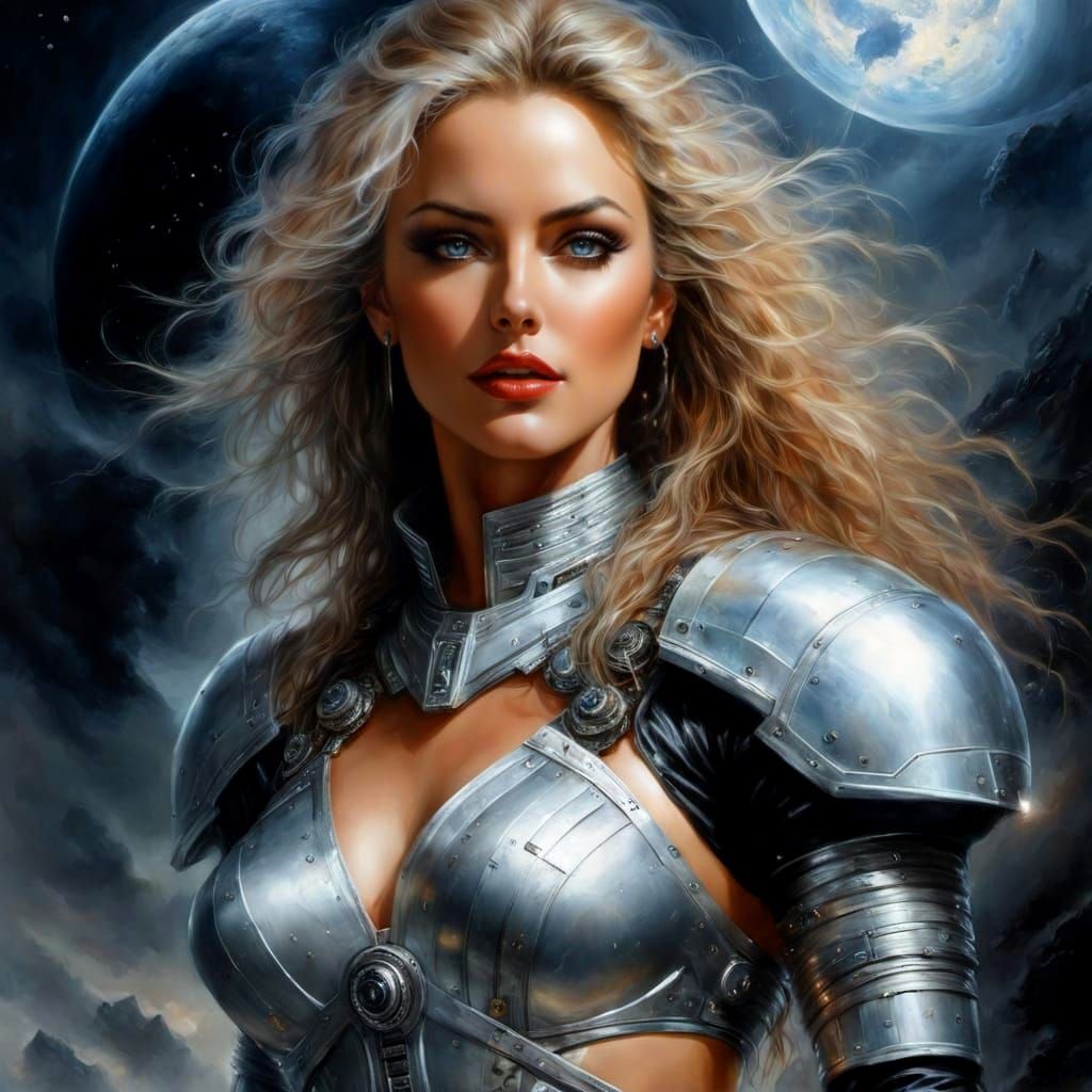 Excited Woman in Sci-Fi Scene as Oil Painting