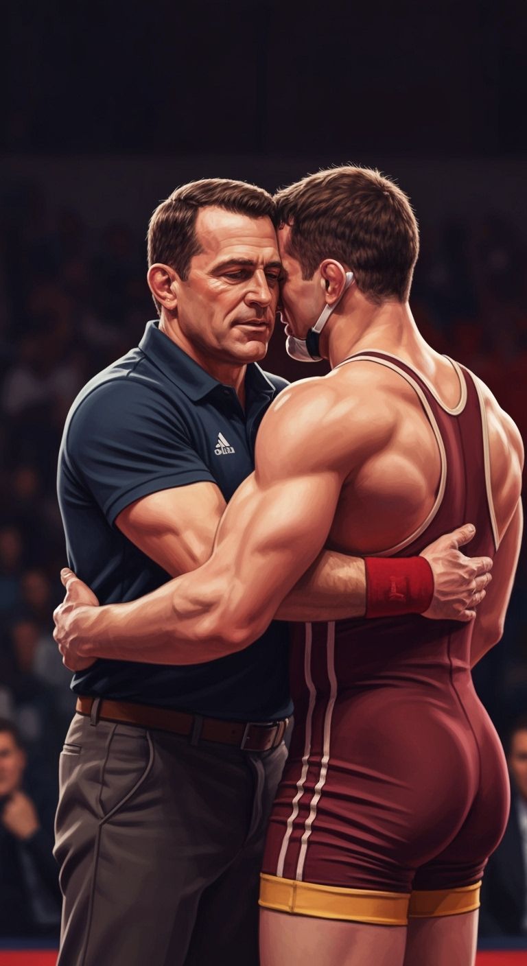 Coach Embraces Proud Athlete in Hyperrealistic Digital Paint...