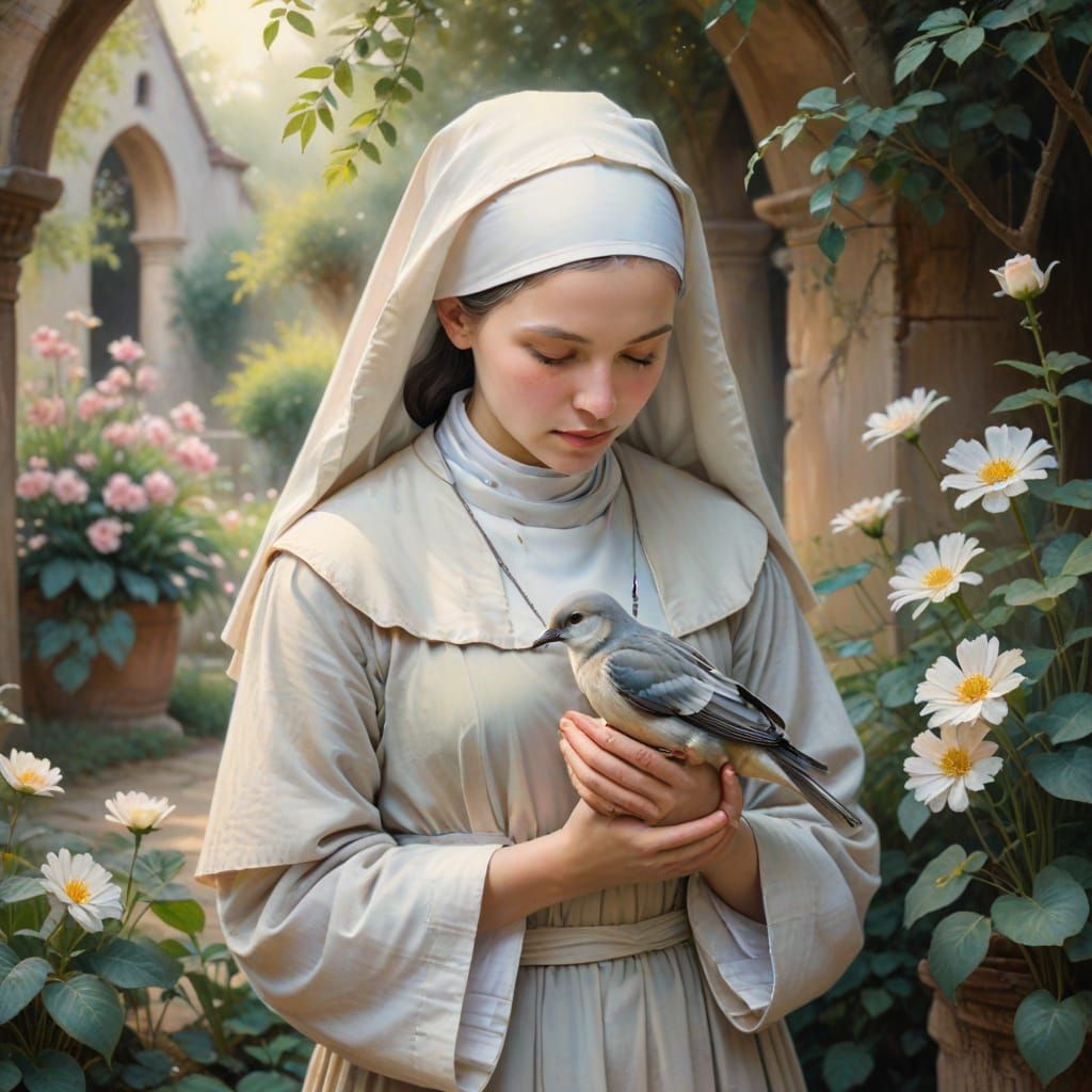 A Gentle Nun's Tender Moment in Soft Pastels