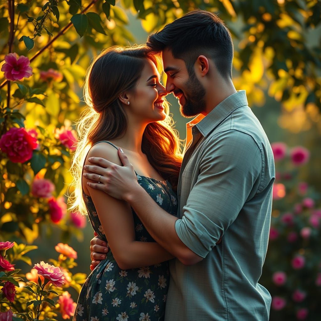 Couple Embracing in Warm, Golden Light, Surrounded by Lush G...