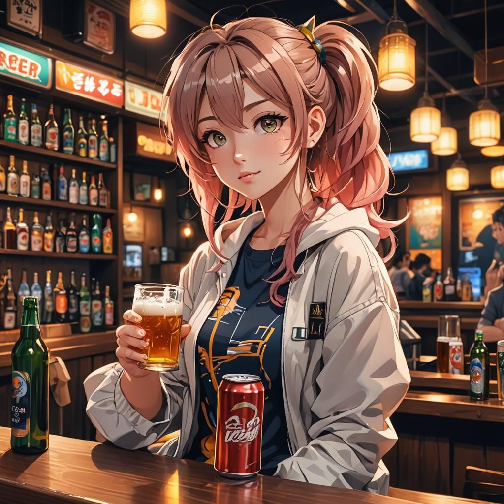 Cute Anime Girl Drinking Beer, Digital Illustration