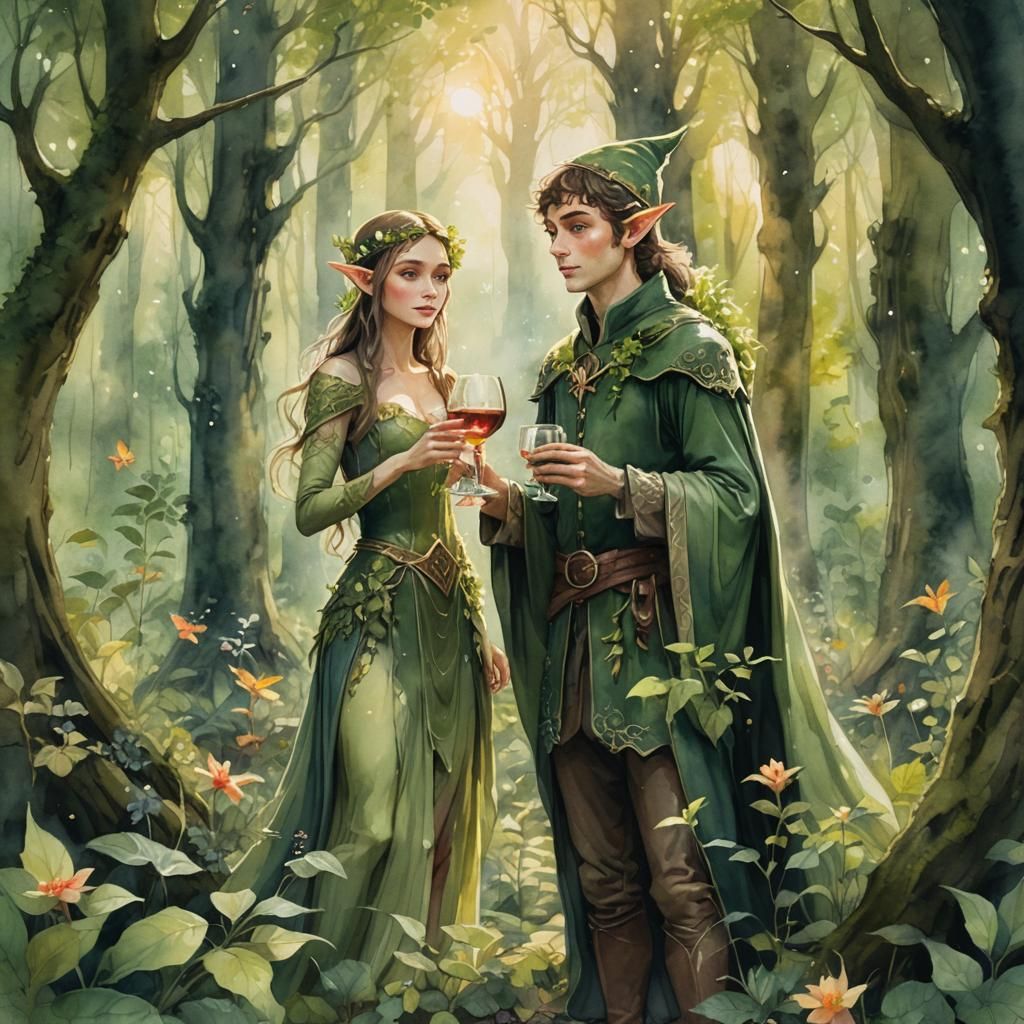Elf Offers Wine in Enchanted Forest: Watercolor Illustration