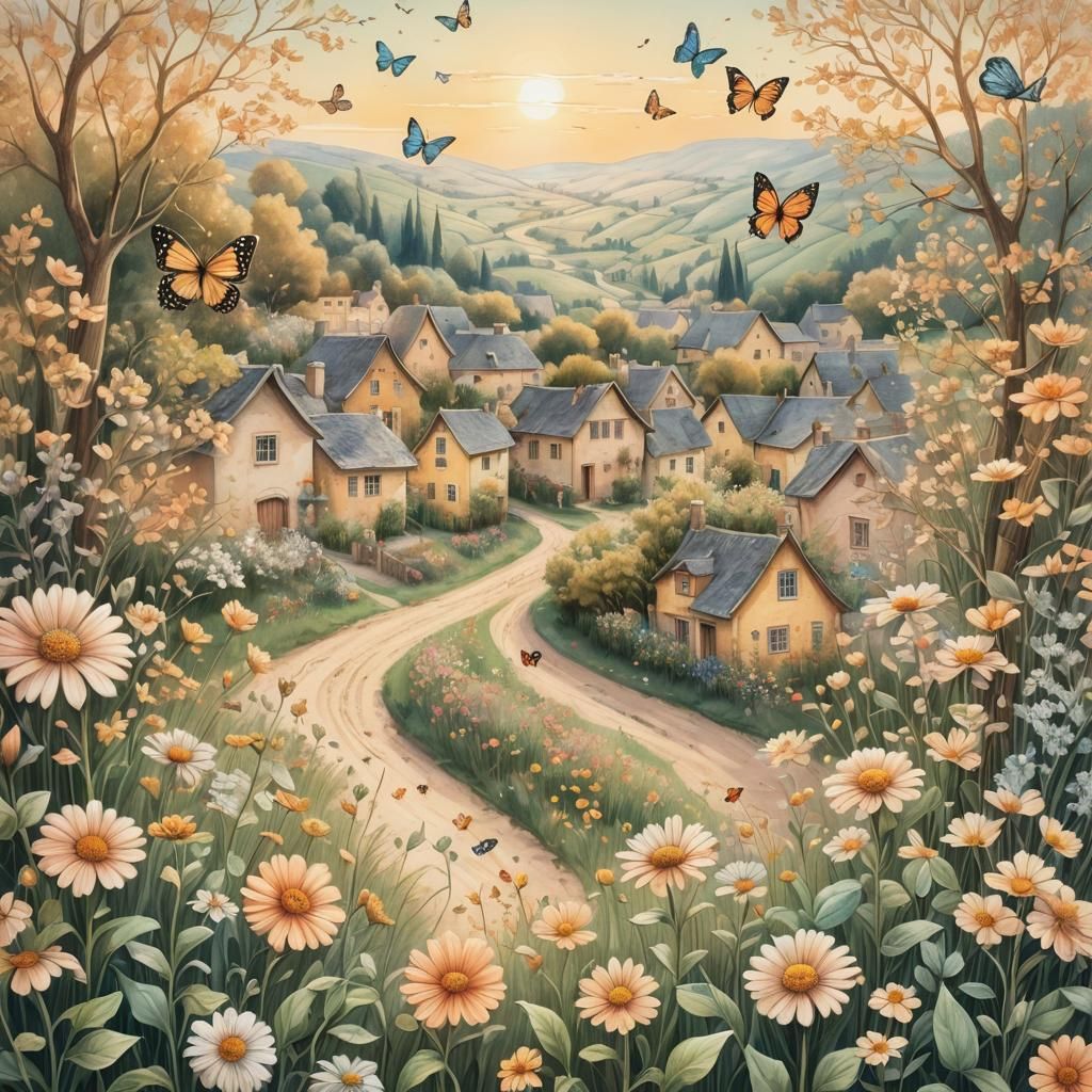Village Landscape Pencil Sketch with Flowers and Butterflies