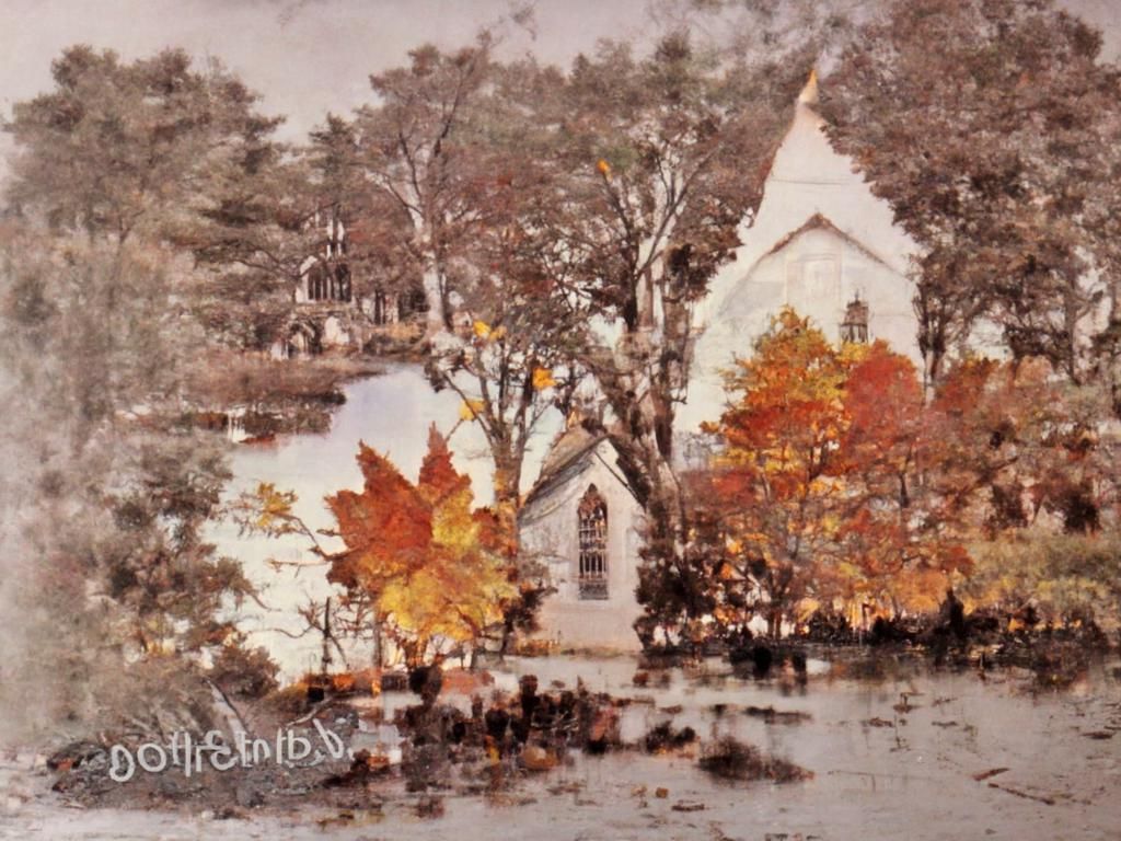 New England Autumn Watercolor Painting, 1900s Style