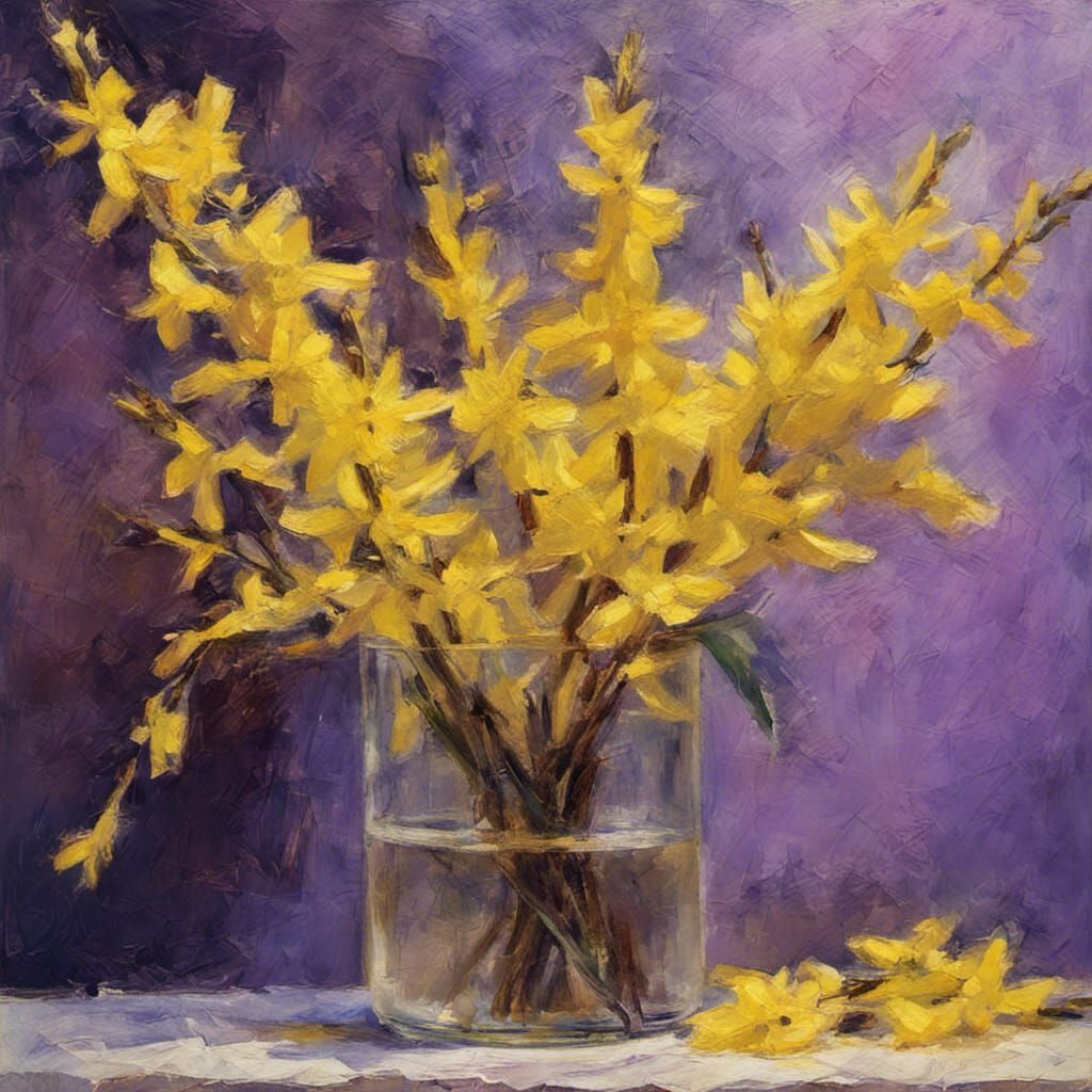 Forsythia in Vase: Neo-Impressionist Oil Painting