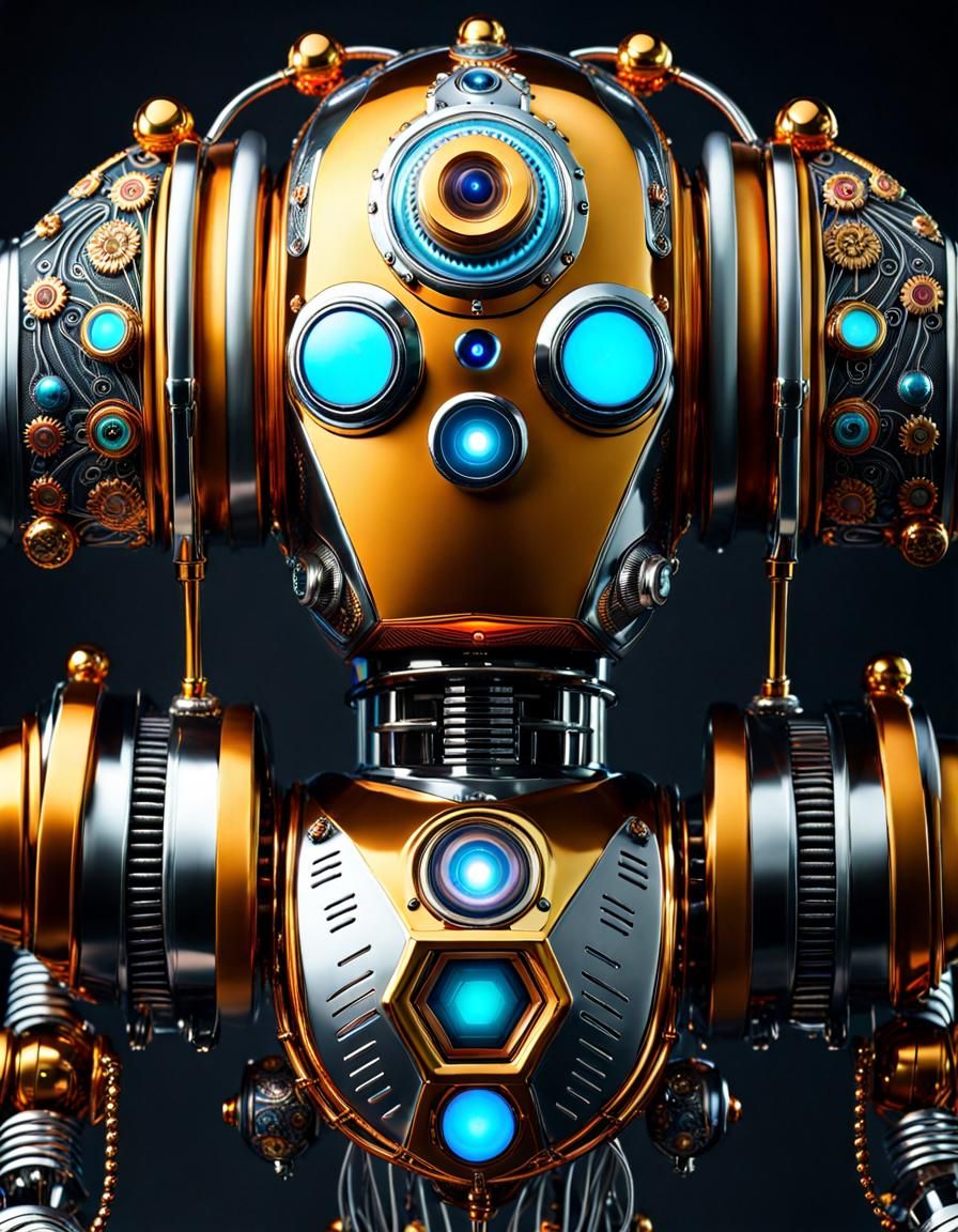 Photorealistic Robot Butler in Ornate Metal Tuxedo