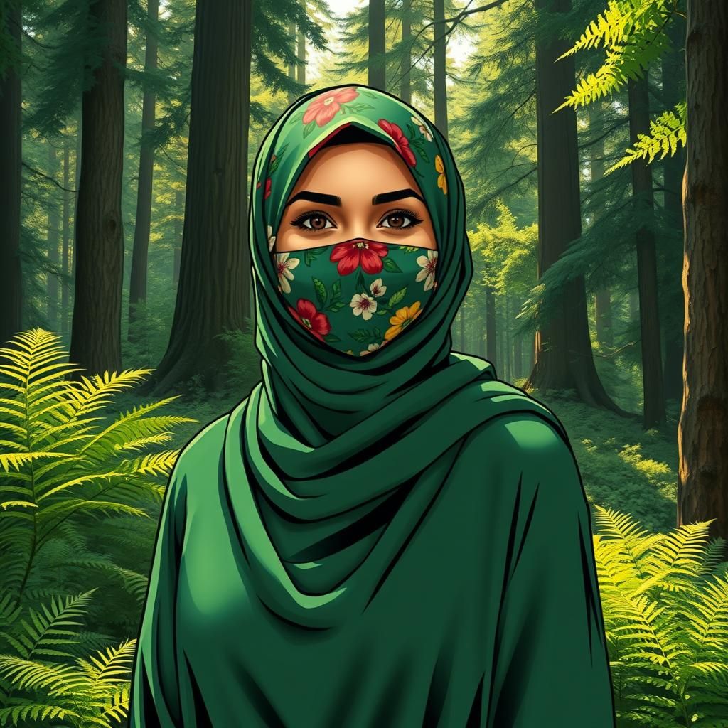 Woman in Floral Hijab in Forest, Comic Book Art