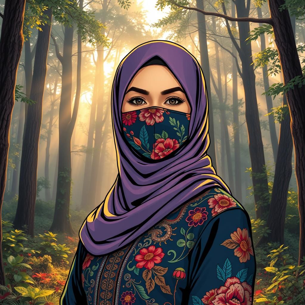 Woman in Hijab in Forest, Comic Book Style