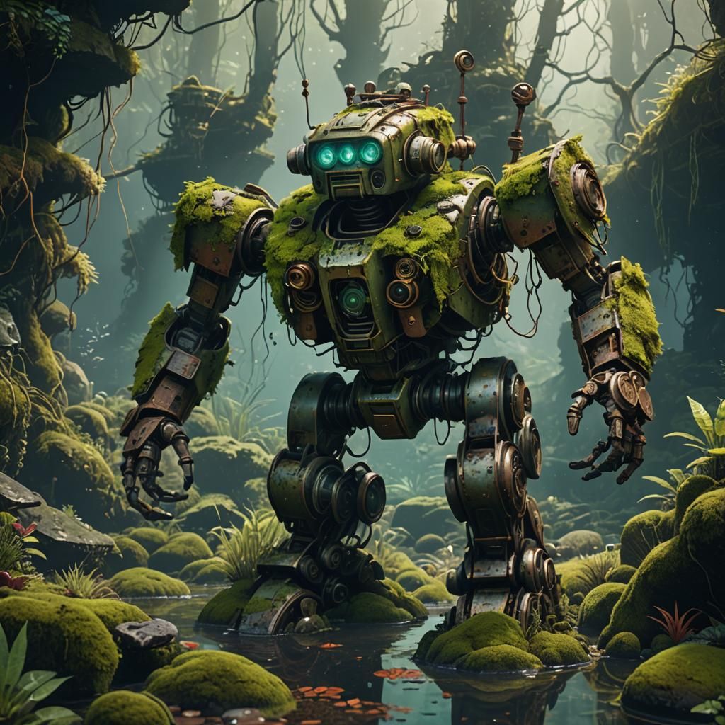 Moss-Covered Broken Robot in Forest: Detailed Matte Painting
