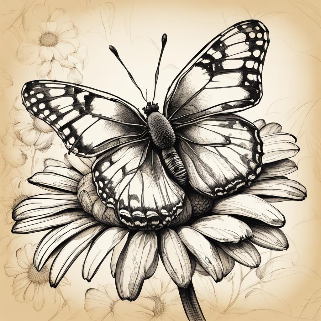 Butterfly on Daisy: Renaissance-Style Sketch