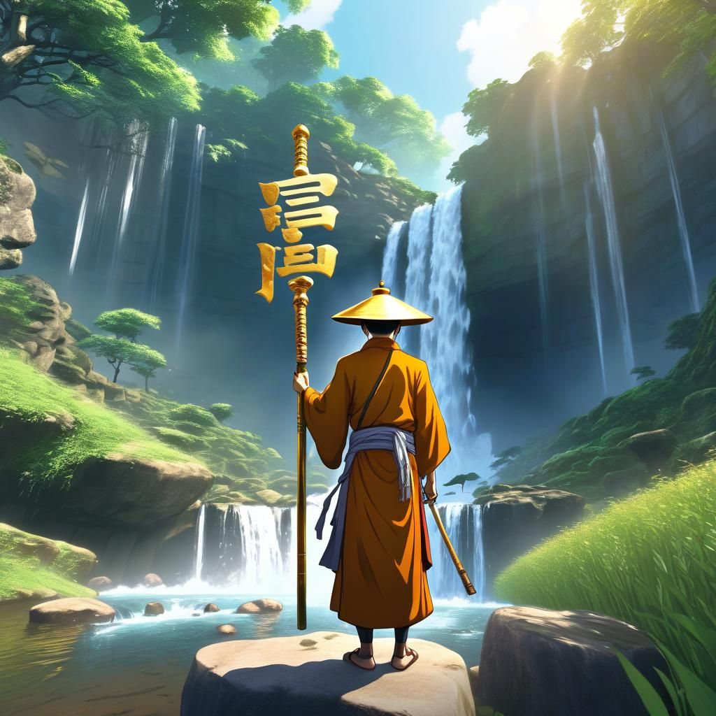 Monk at waterfall