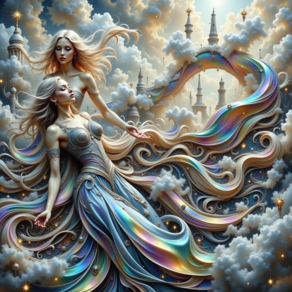 Woman in Ornate Iridescent Dress with Medieval Art