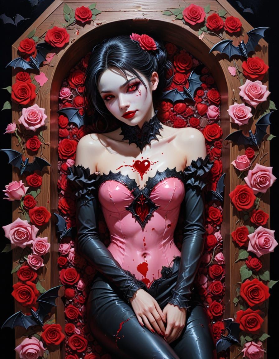Valentine's Vampire in Coffin with Heart Bats