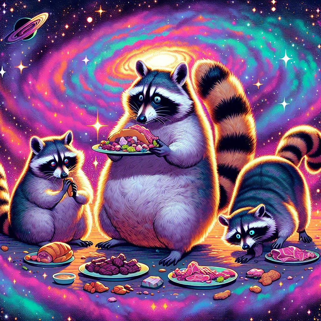 Chubby Raccoons in Psychedelic Galaxy