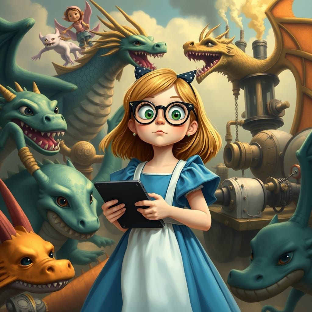 Alice in a Whimsical Steampunk World of Dragons