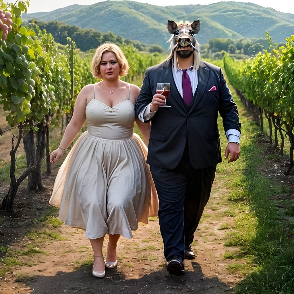Pig-Headed Groom Dances with Bride in Vineyard