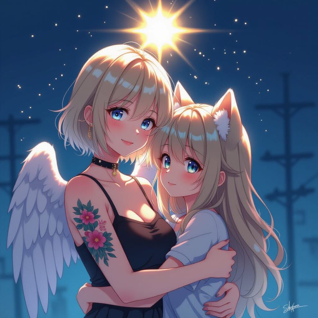 Anime Style Embrace with Glowing Light and Wolf Ears