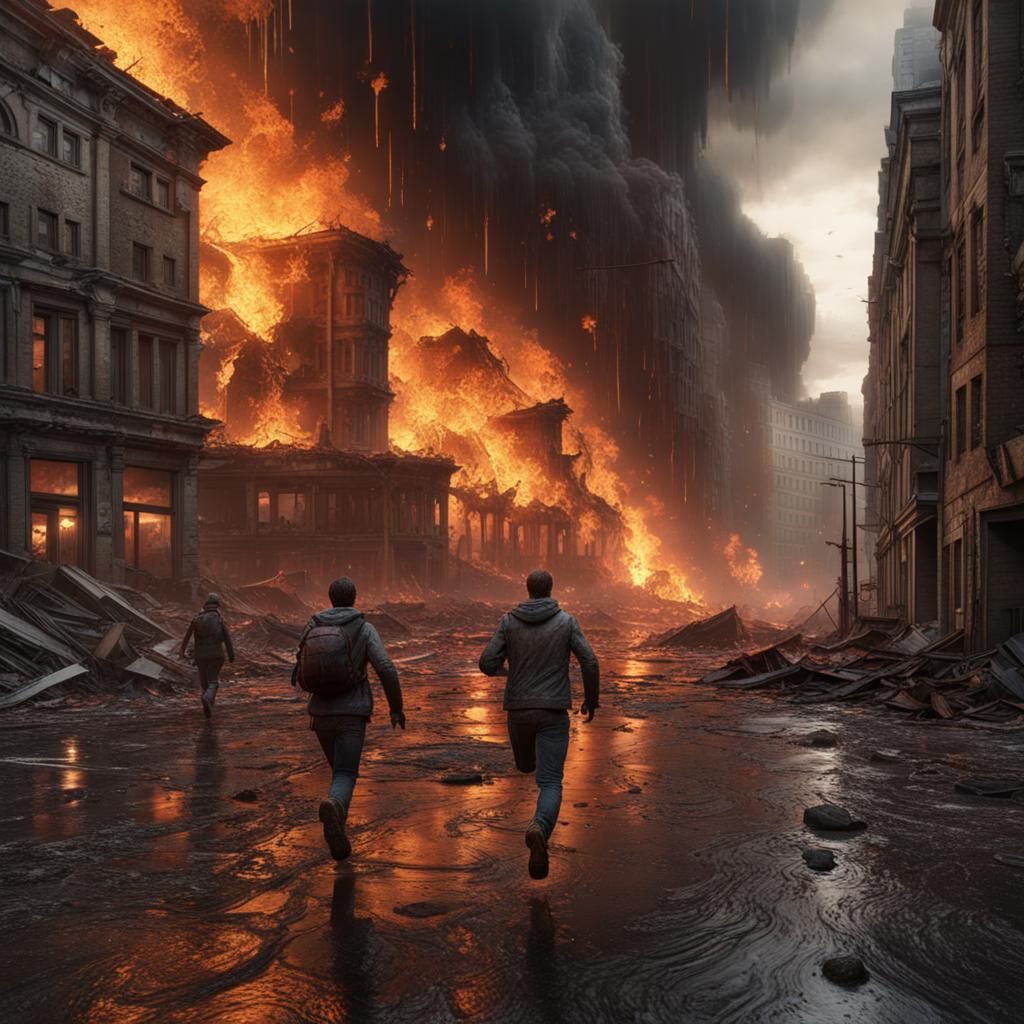 Apocalyptic Cityscape with Fire Rain in Hyperrealism