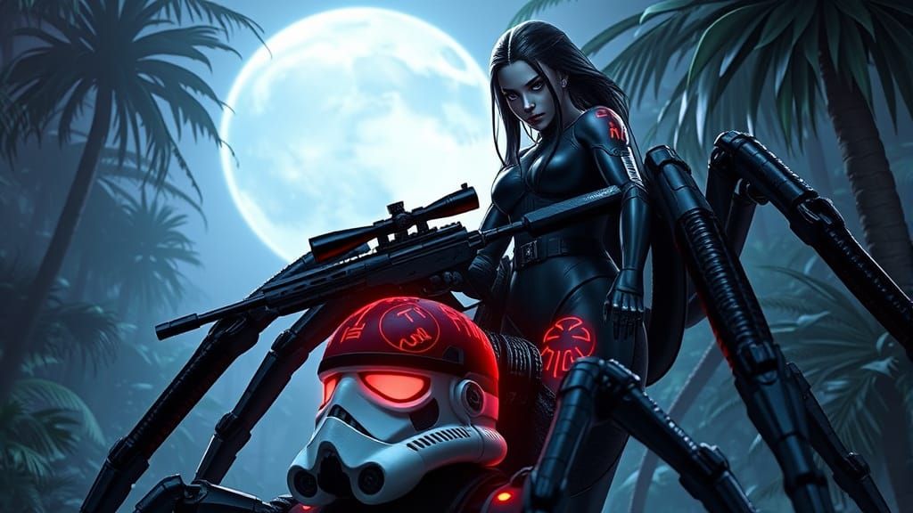 A powerful female arachne stands in a bioluminescent jungle on planet Yavin 4.