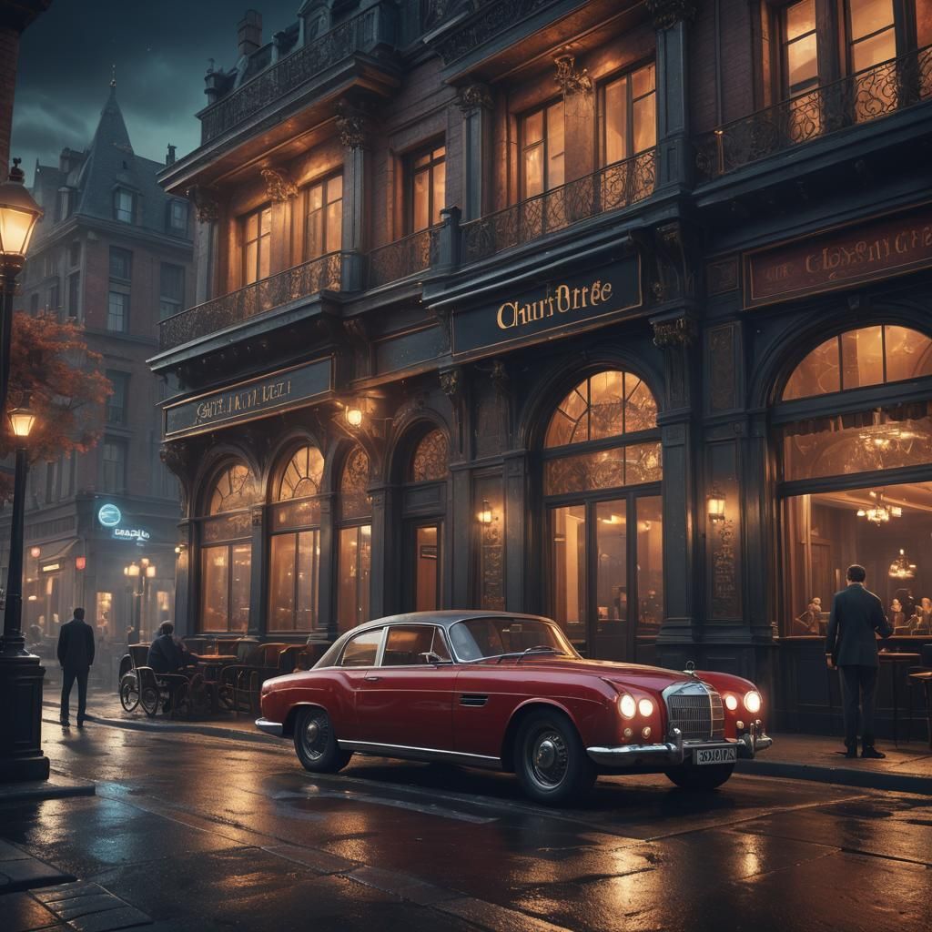 Luxury Car and Devil in Night Cafe: Matte Painting