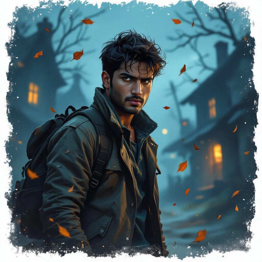 Courageous Man Enters Haunted Village in Digital Art Style