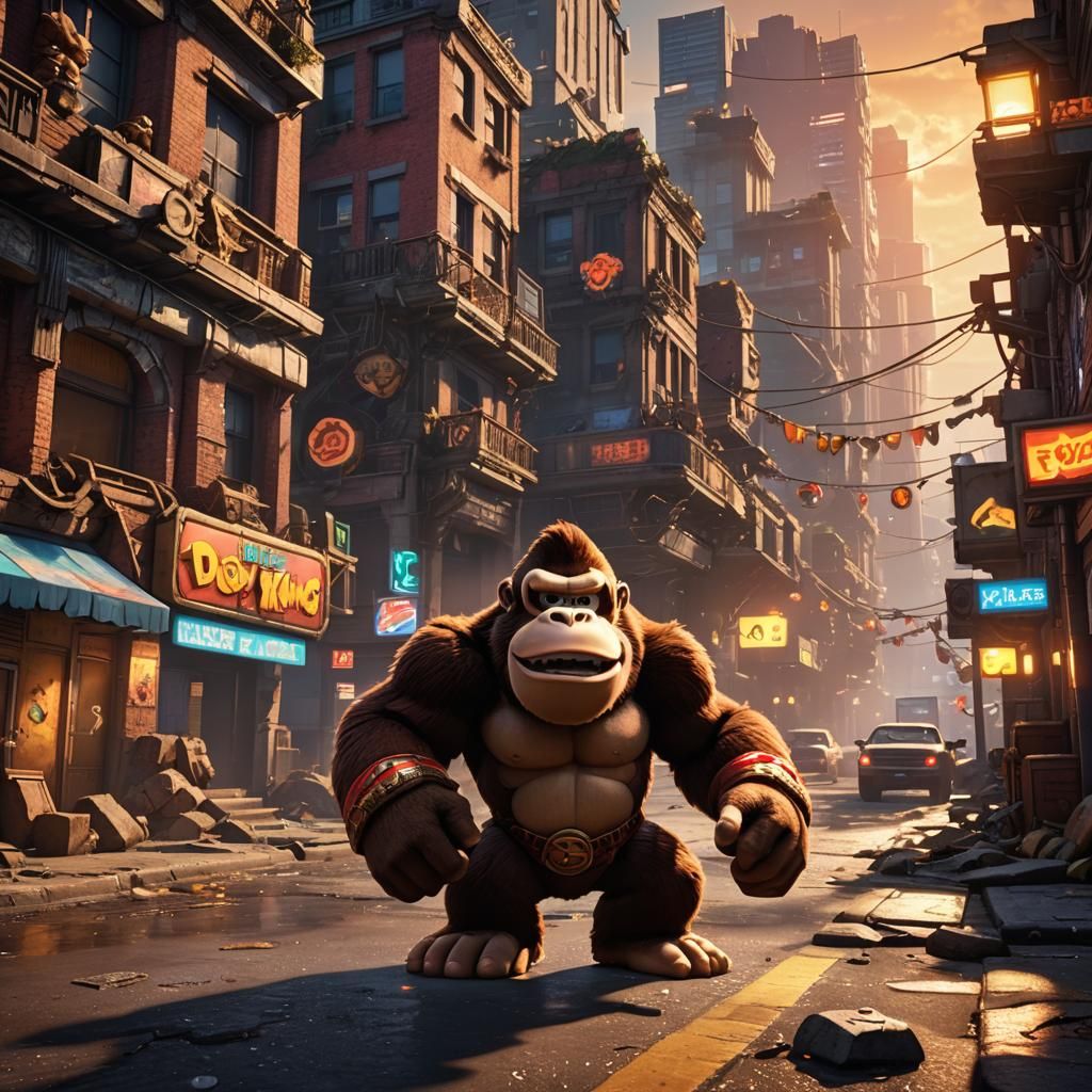 Majestic Donkey Kong Dominates a Ruined City at Golden Hour