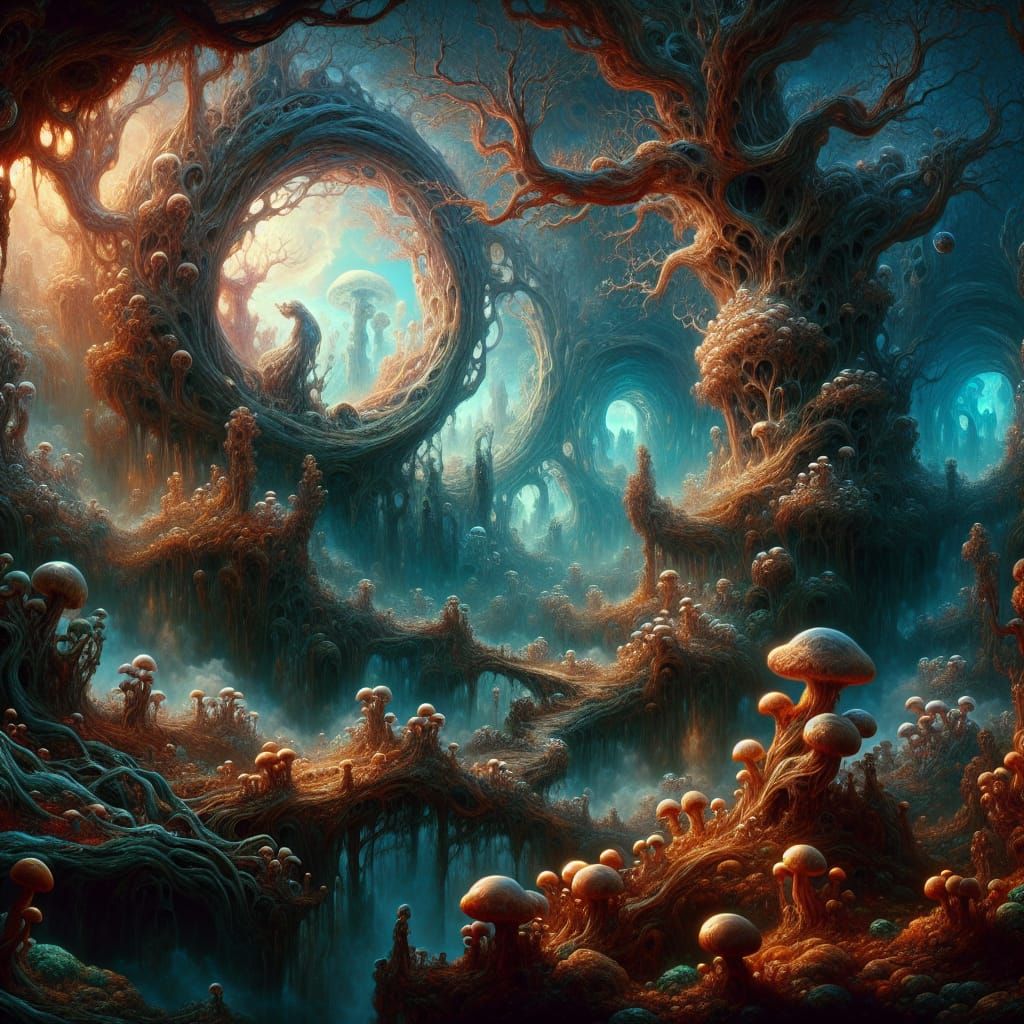 Mysterious, Dreamlike Realm of Twisted Trees and Glowing Mus...