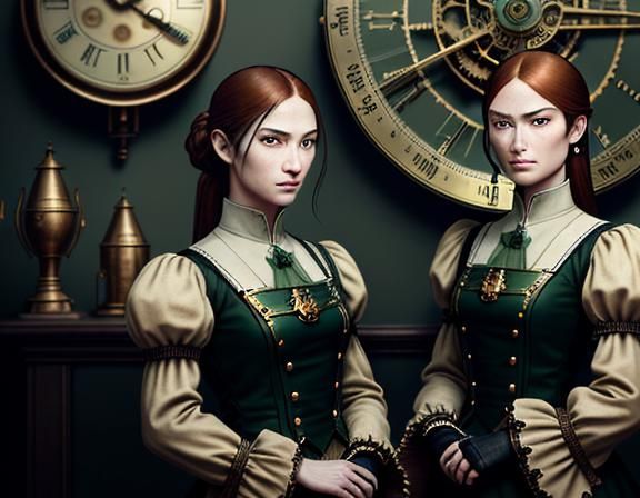 Steampunk Twins in Time Machine, Miyazaki-Inspired Art