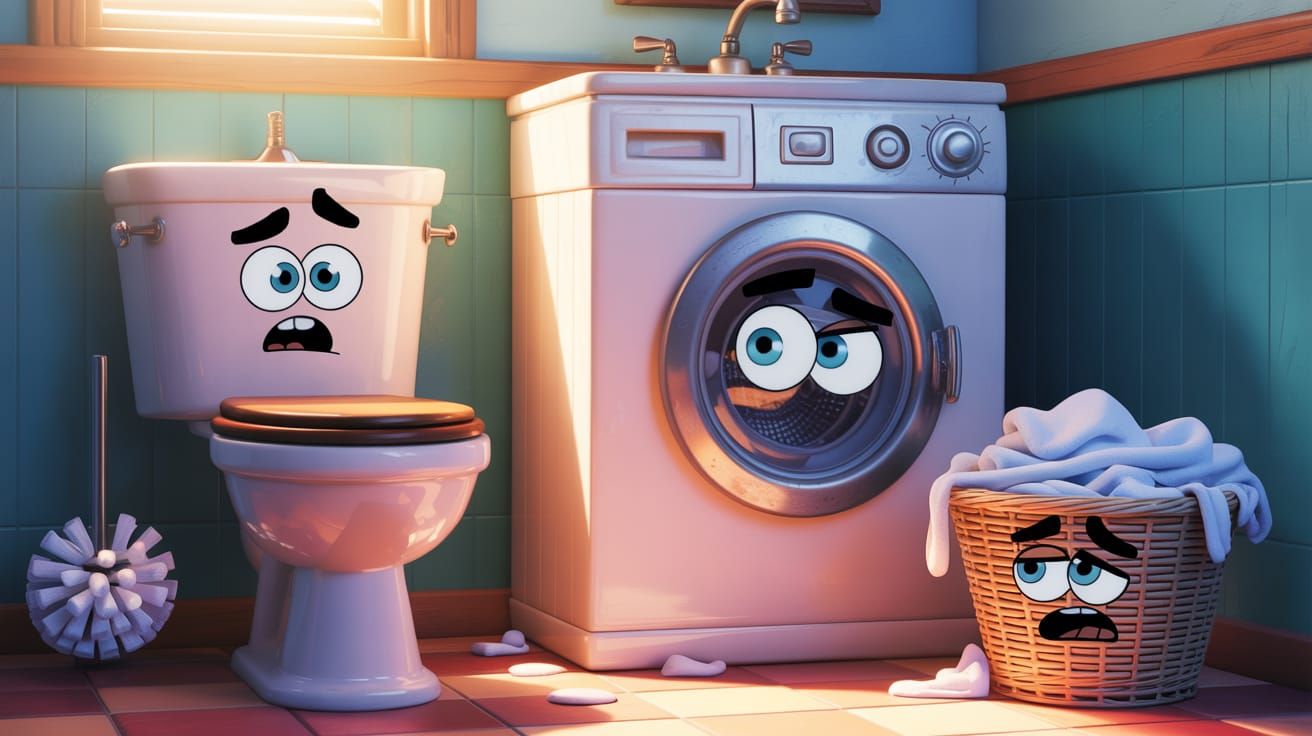 Quirky Bathroom Characters in Pixar Animation Style