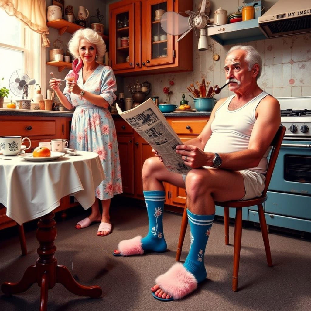 1960s Kitchen Scene with Man Reading Newspaper