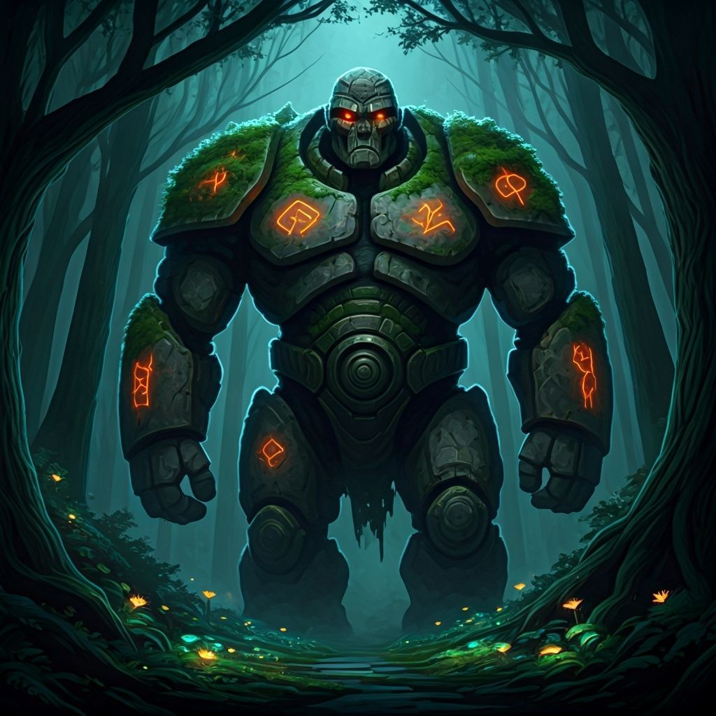 Tyrus the Golem Guards Mystical Forest at Twilight
