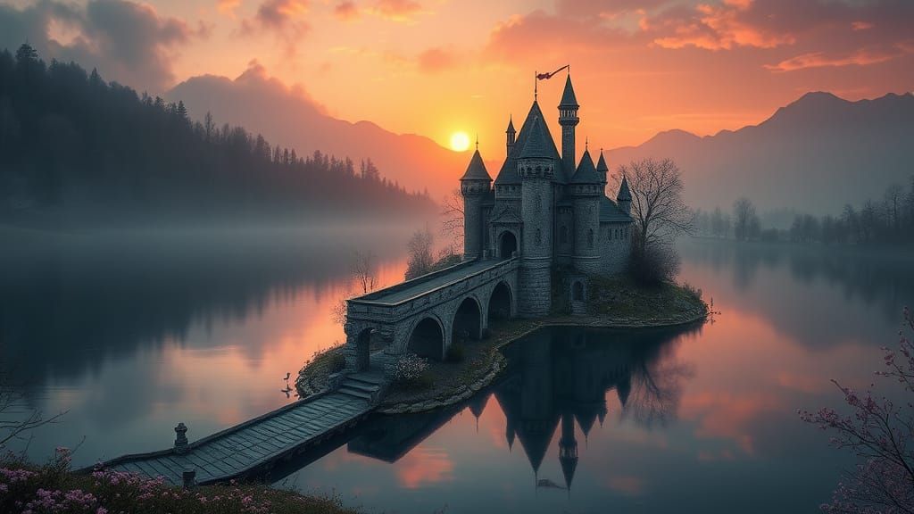Medieval Fantasy Island Castle at Dawn