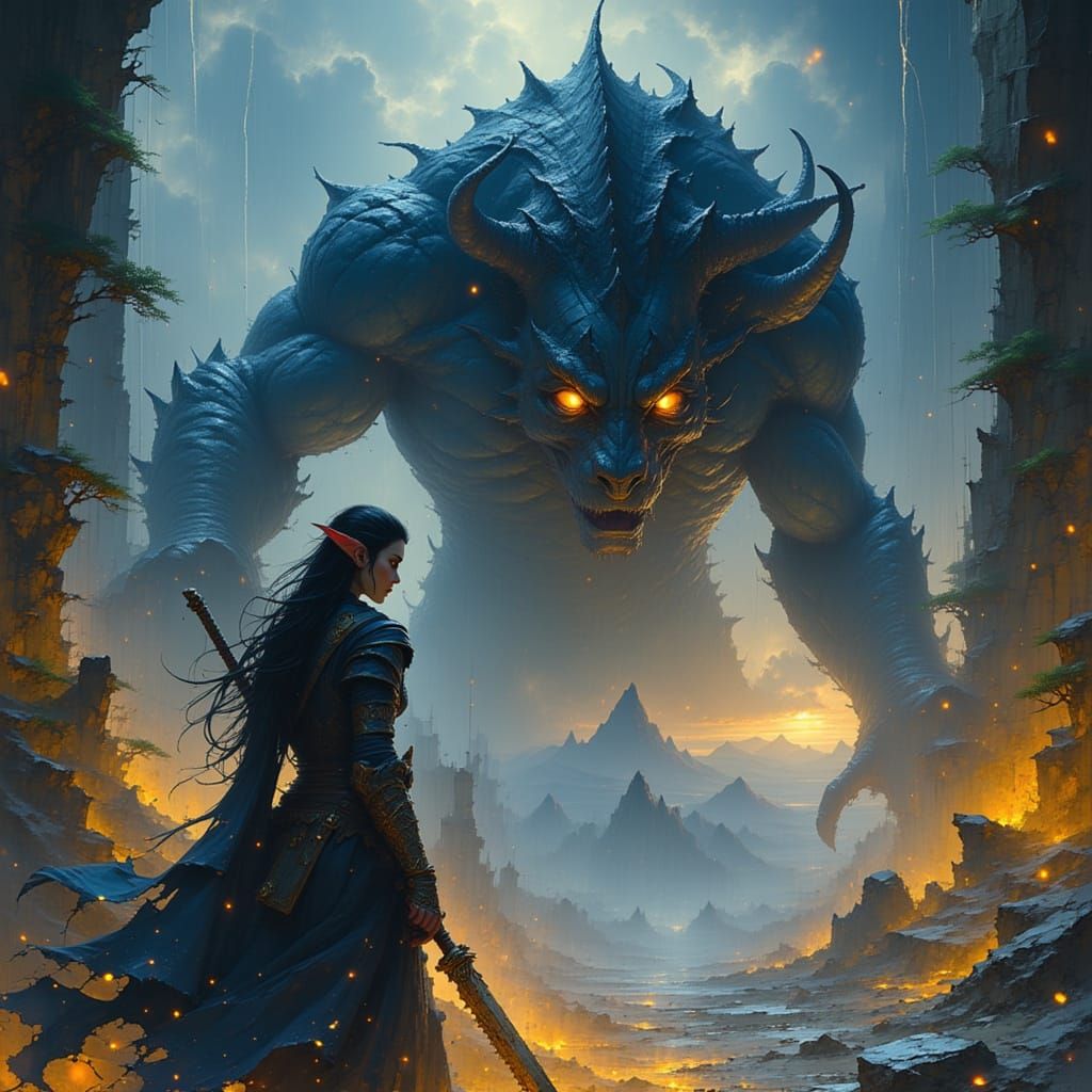 Elf Warrior Battles Mythical Beast in Ruined Castle