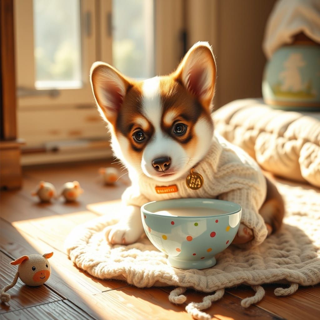 Fluffy Corgi Husky Mix in Whimsical Watercolor Setting