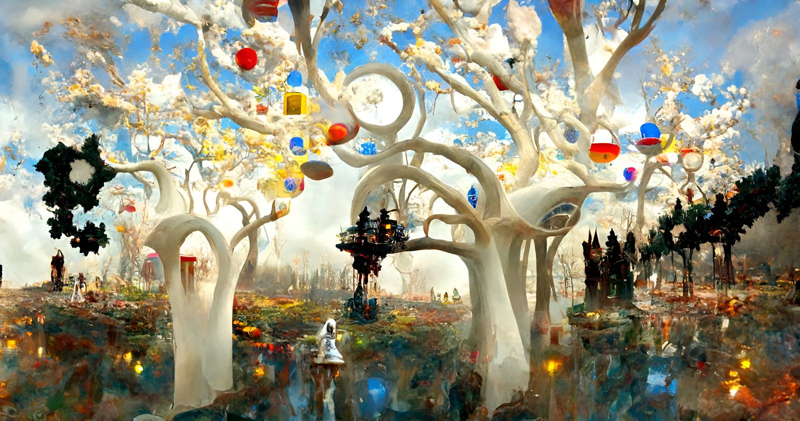 Surreal Alice in Wonderland Landscape in Geometric Style