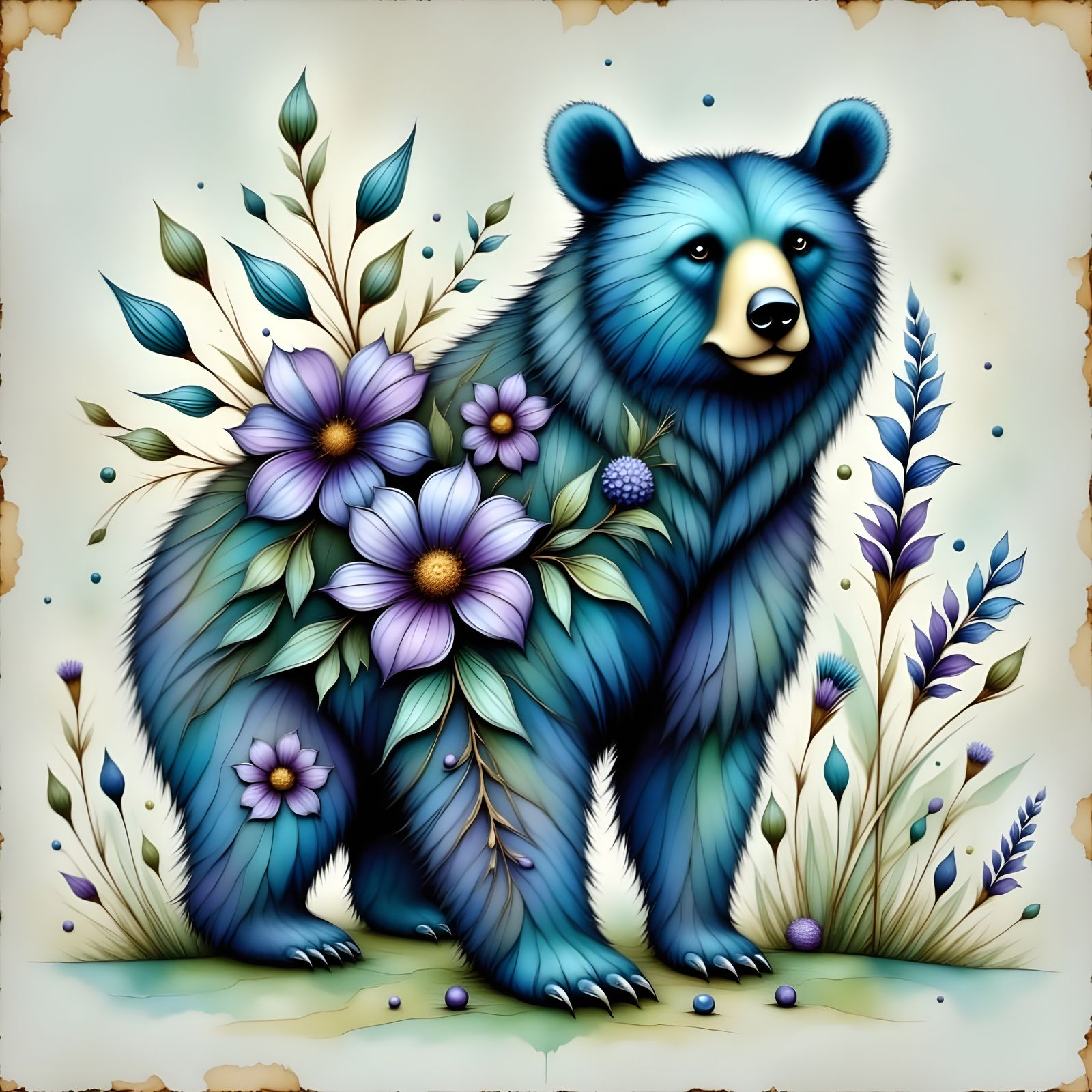 Elegant Blue Bear with Floral Motifs in Gouache Style