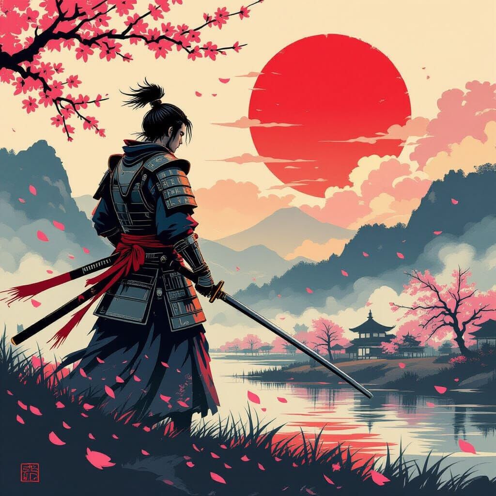 Samurai Warrior on Cherry Blossom Battlefield in Ukiyo-e Sty...