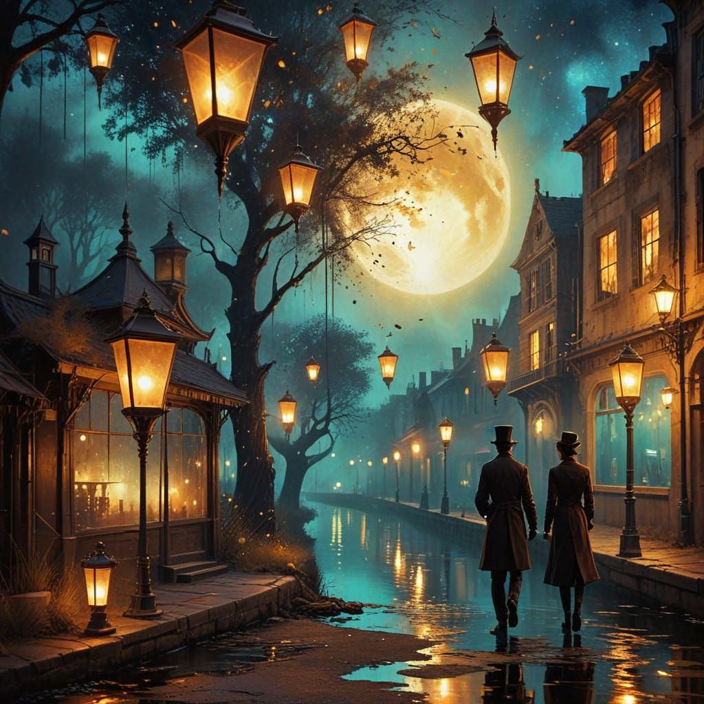 Steampunk Magician Under Tranquil Lakes Reflections