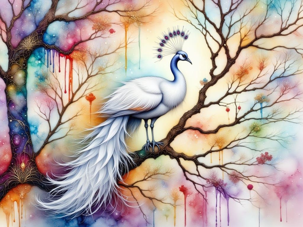 Ethereal White Peacock in a Vibrant Watercolor and Alcohol I...