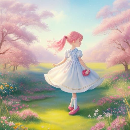 Whimsical Watercolor Girl in Enchanted Garden