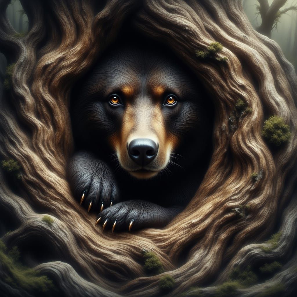 Bear Peeking From Tree Trunk Grinning at Passing Deer