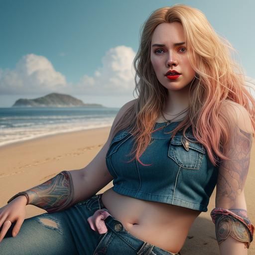 Curvy Woman Portrait on Beach in Hyperdetailed Style