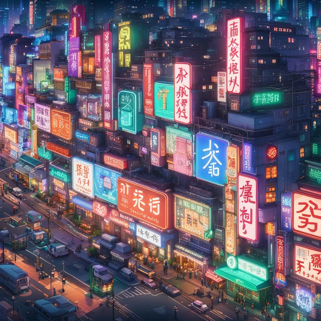 Neon Signs in Cyberpunk City, Anime Style