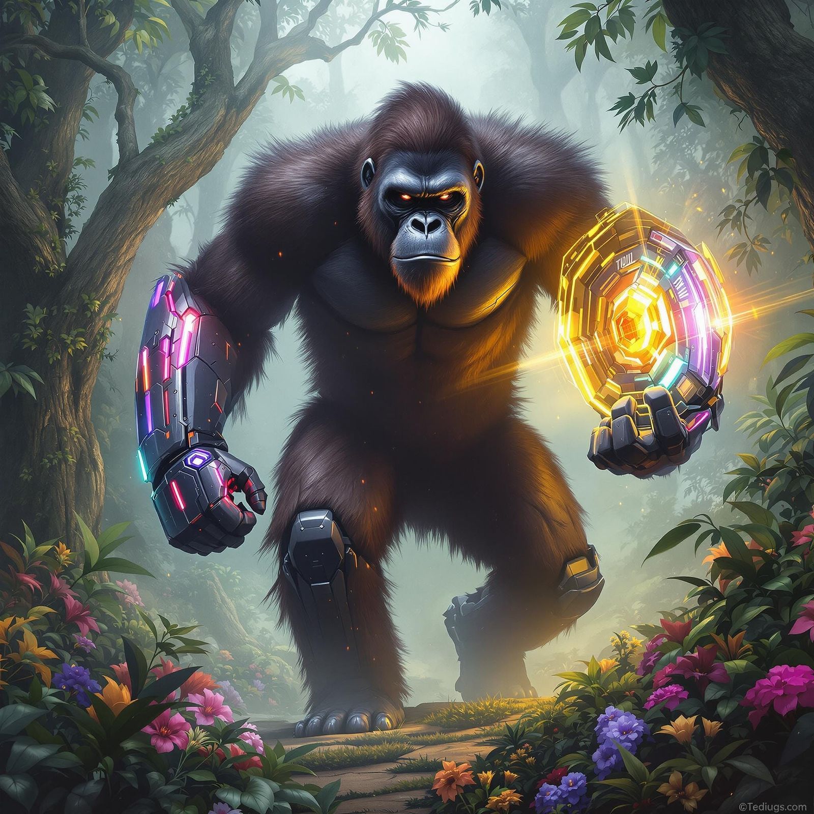Cyberpunk Orangutan Strides Through the Jungle