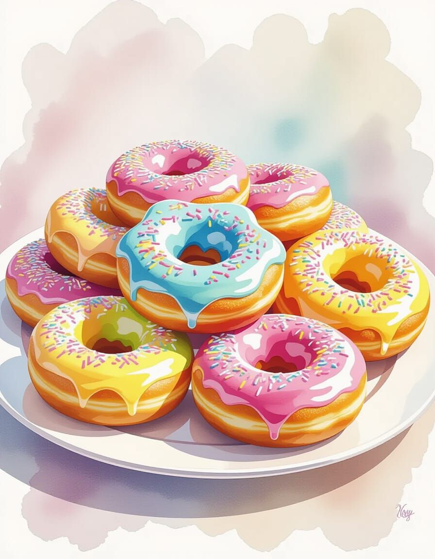 Rainbow Star Donuts in Watercolor Style
