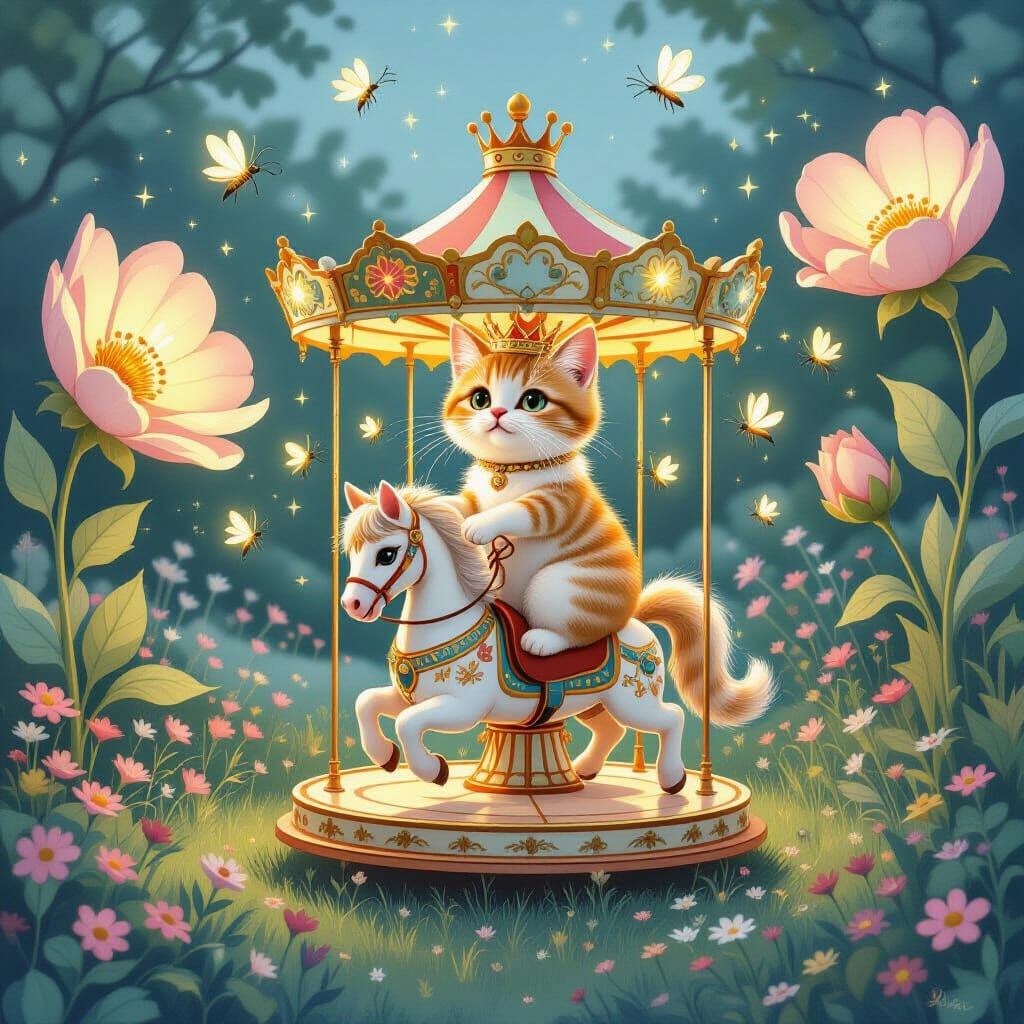 Whimsical Cat Rides Enchanted Carousel in Twilight Garden