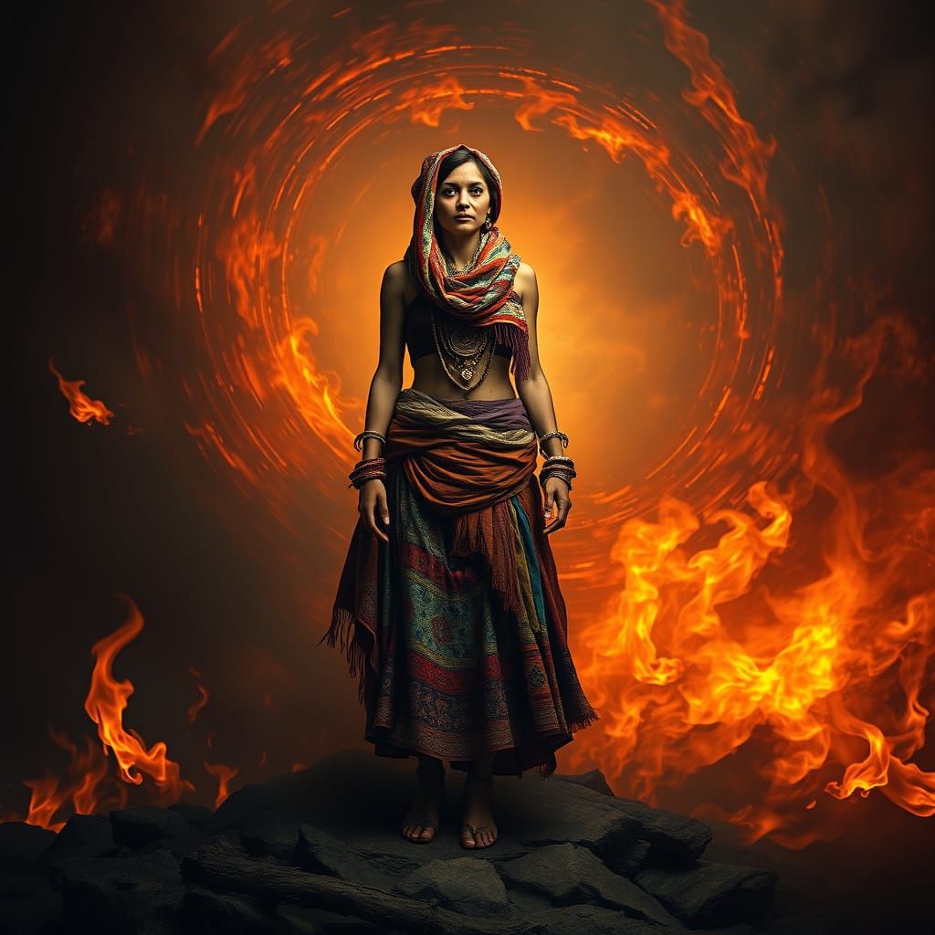 Mysterious Gypsy Figure Surrounded by Flames in a Cyberpunk ...